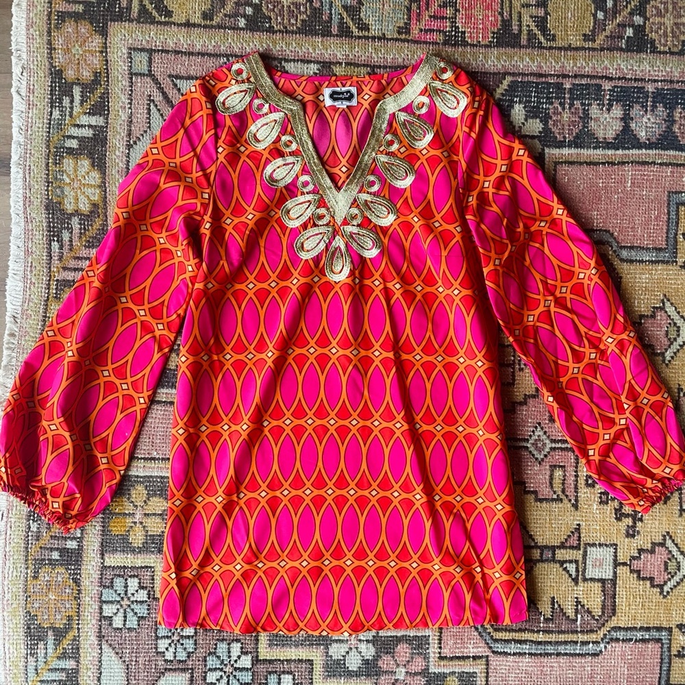 Bright Pink & Orange coverup with gold embroidery